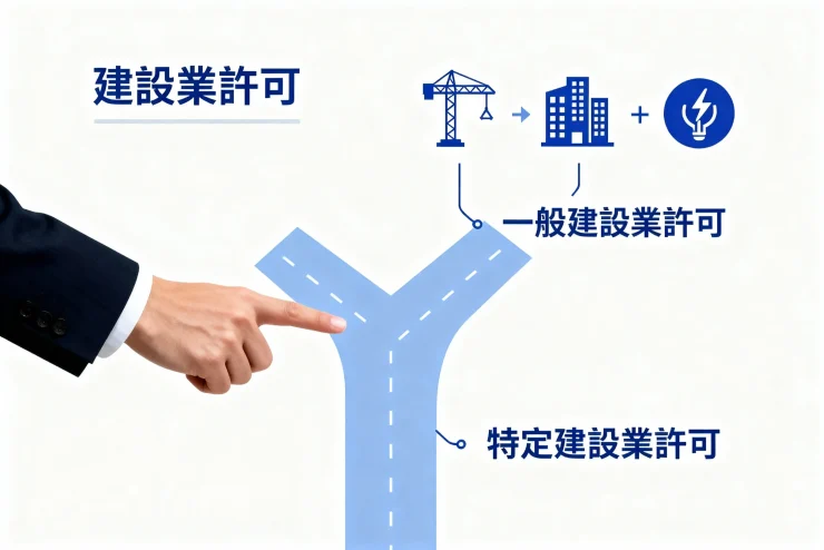 建設業許可の一般と特定、29業種を選ぶ道筋を示したフローチャートの画像。