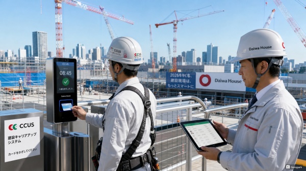工事現場の入り口に設置された建設キャリアアップシステム（CCUS）のリーダーにカードをタッチする技能者